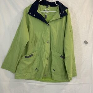 Neyelle Jacket Womens Large Green Hooded Mesh Lined Snap Front Pockets Navy Trim